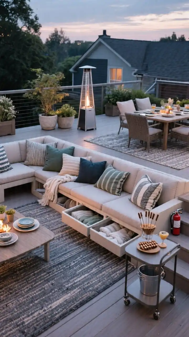 Photorealistic medium styling vignette on a tiered deck: outdoor rugs clearly defining dining, lounge, and fire tiers; bench seating with lift-up storage open to reveal neatly stowed cushions; layered textiles pillows, throws in a tight 3-color palette across cushions, planters, and dishes; a compact patio heater and a transparent windbreak nearby for four-season comfort; a rolling cart staged as a mobile s’mores/cocktail station; discreet water bucket/extinguisher tucked to the side; soft evening glow, no people