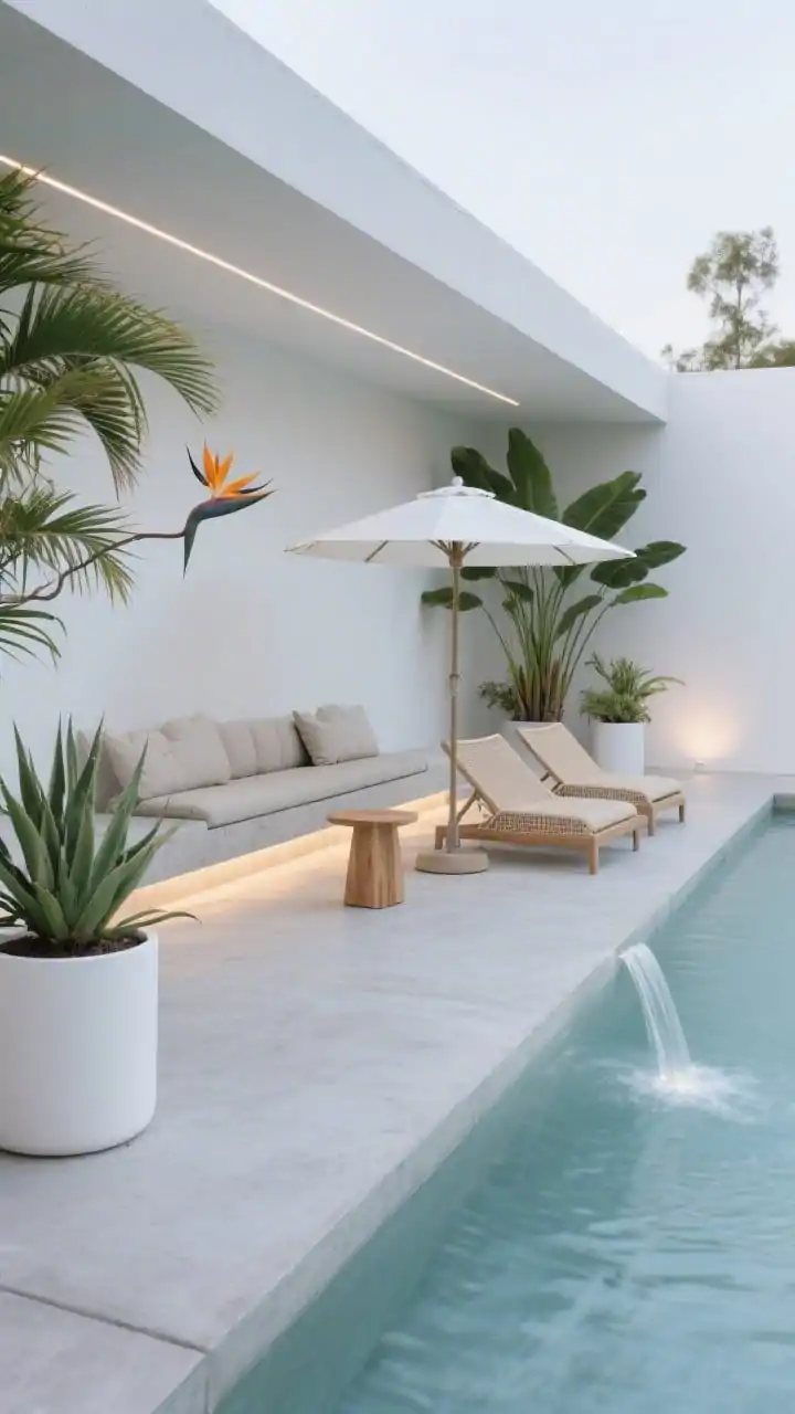 Photorealistic minimalist, straight-on medium shot of a serene pool deck in pale polished concrete with razor-sharp edges and abundant negative space. Sculptural greens limited to traveler’s palm, agave attenuata, and oversized bird of paradise punctuating white and eucalyptus-green tones. A long built-in concrete bench with water-resistant linen cushions, a single light-wood (oak) side table, and two minimalist sunbeds with beige mesh slings under an off-white umbrella. A thin blade fountain spills a crisp sheet of water into the pool. Oversized matte-white cylindrical planters with uniform planting. Soft linear LEDs under the bench at dusk; calm, gallery-like mood; no people.