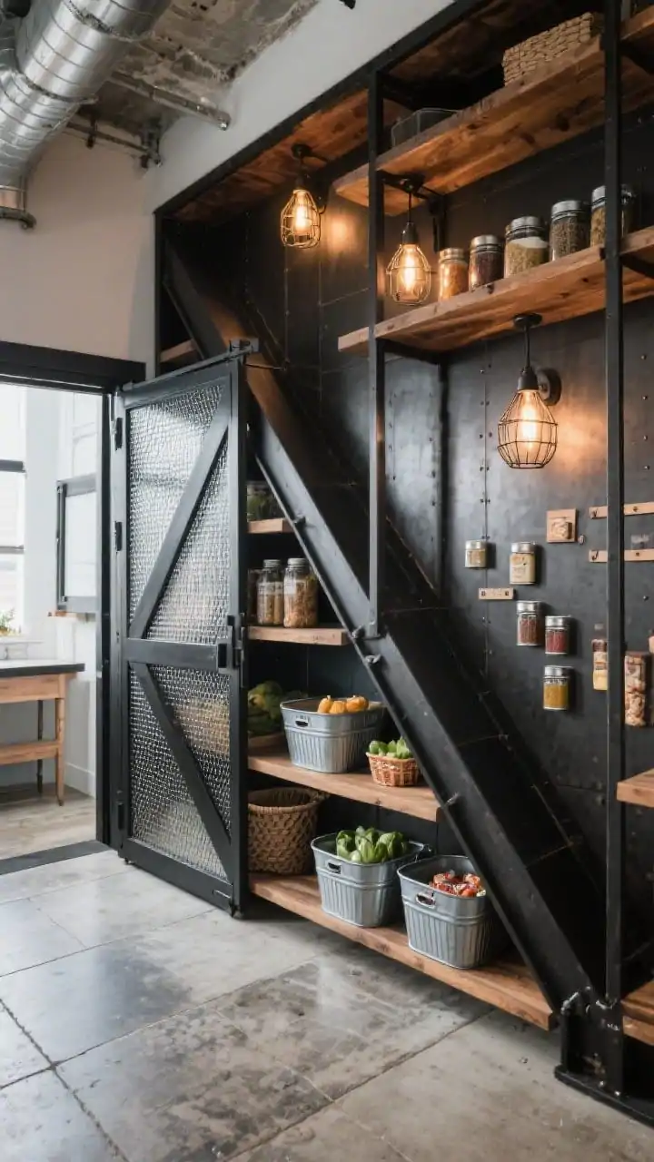 Photorealistic oblique medium shot of an urban industrial pantry under stairs: custom angled reclaimed walnut shelves nested within a matte black steel frame following the stair slope; sliding barn door with wired glass partially open; mesh baskets for produce, galvanized bins for snacks, magnetic spice tins on a steel panel; Edison-style cage sconces illuminating, and weathered concrete-look tile flooring; gritty loft vibe, no people.