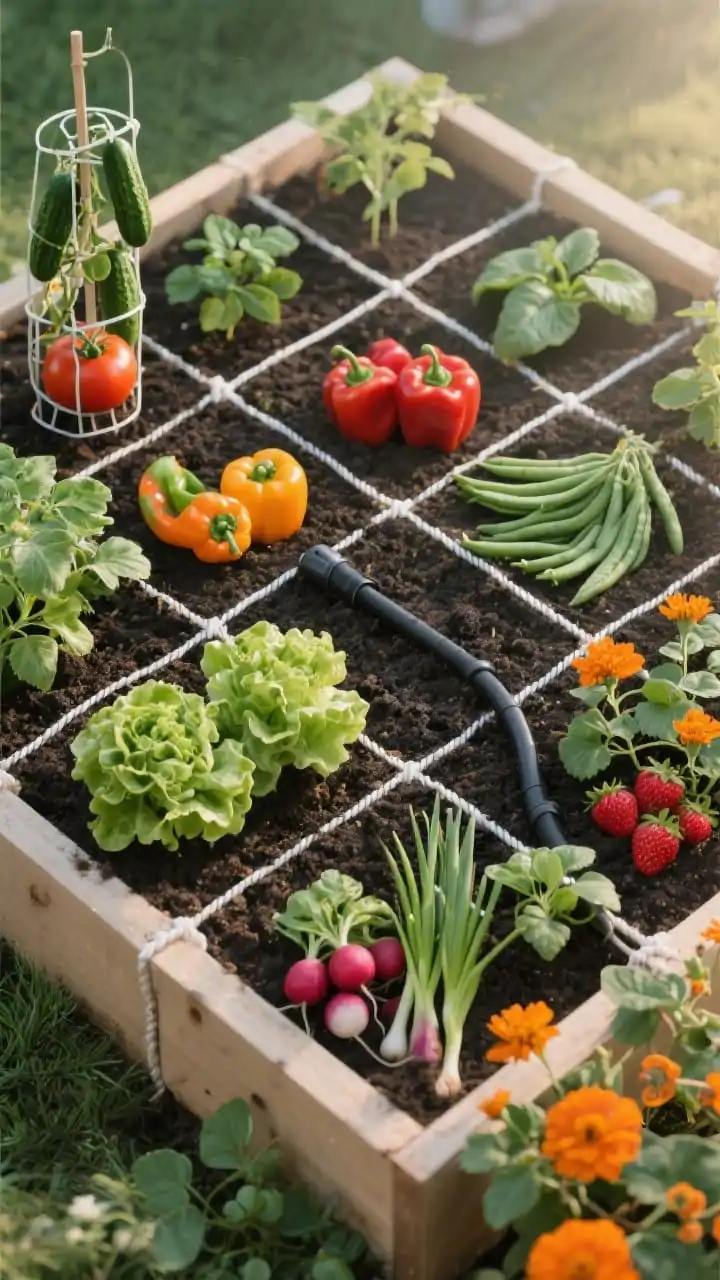 Photorealistic overhead closeup of a raised vegetable bed divided into a precise 12”x12” Tetris-style grid with taut white string, each square planted differently: north side squares show caged tomato and a slim trellis with cucumbers; center squares feature peppers, bush beans, and basil; front squares have neat clusters of lettuce, radishes, green onions, and a corner of strawberries. Add pops of orange marigolds and trailing nasturtiums tucked between squares. Include a thin black drip line snaked through the grid. Early morning natural light, damp dark soil texture, crisp edges, no people.