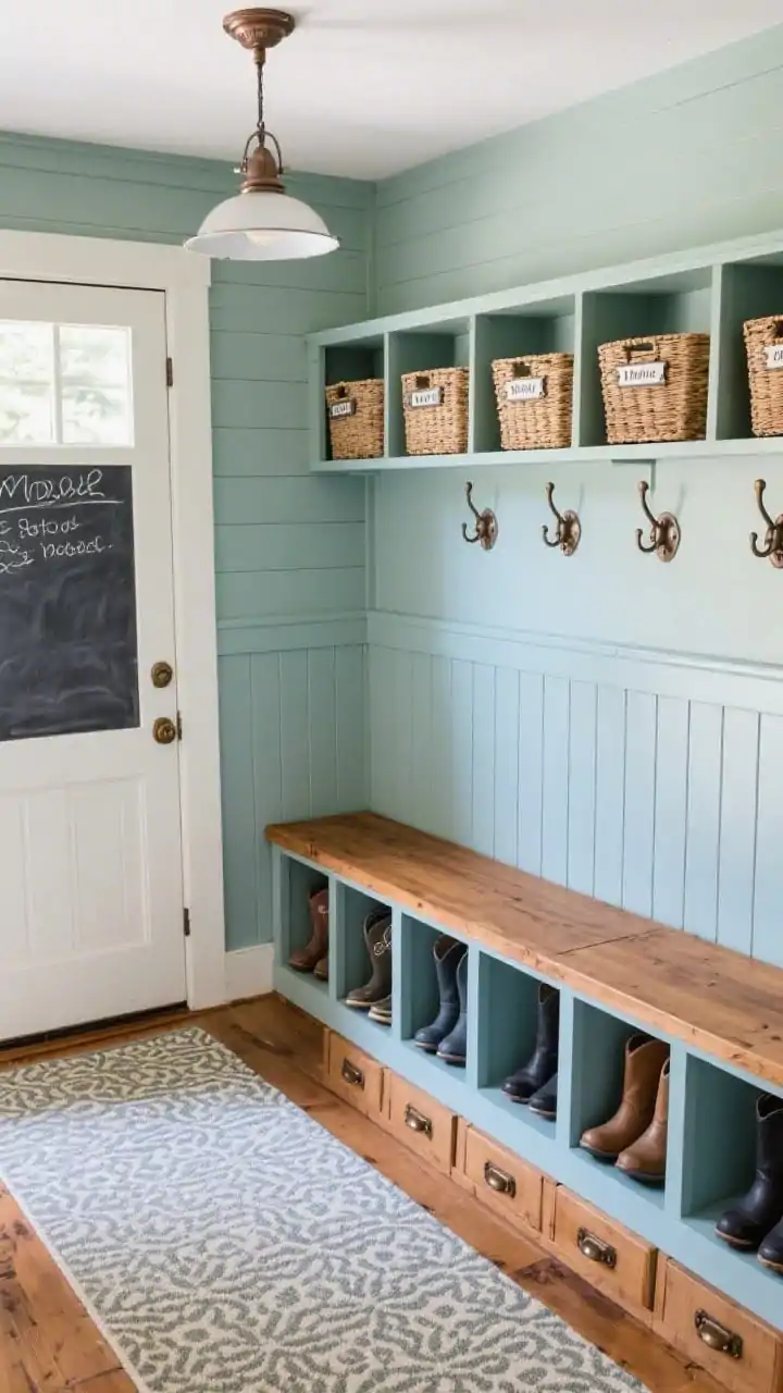 Photorealistic overhead/detail-plus context shot of a Cottage Mudroom entry: built-in board-and-batten wall painted soft sage (or dusty blue) with double hooks in oil-rubbed bronze, a bench with a warm natural wood top and deep drawers featuring oil-rubbed bronze bin pulls, a row of cubbies for boots with wicker bins on the top shelf labeled with metal tags (one per person), a patterned washable runner on the floor, a classic schoolhouse pendant overhead, and a chalkboard for quick notes; charming, organized, hardworking mood.