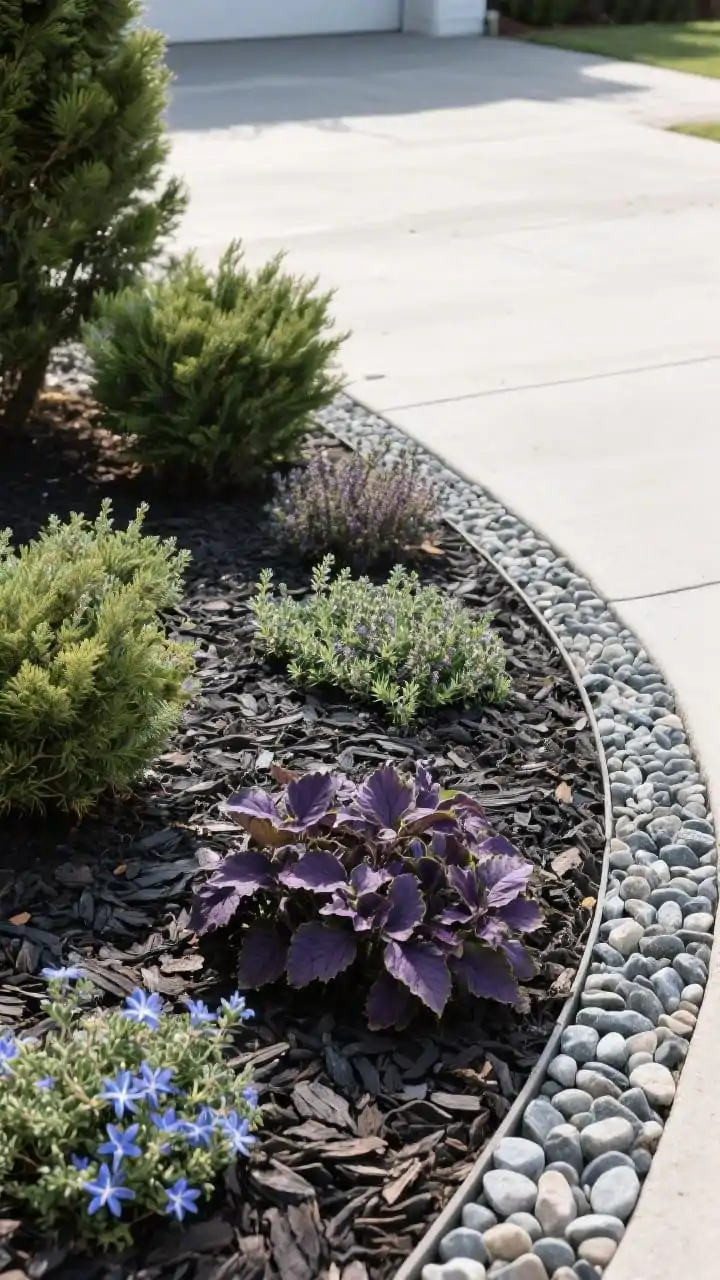 Photorealistic overhead/detail shot emphasizing layered ground textures: a clean transition from dark bark mulch around evergreen shrubs to a neat band of pea gravel bordering a driveway, with interspersed patches of groundcovers creeping thyme, ajuga with deep purplish leaves, and blue star creeper filling small gaps. Materials limited to two or three for unity. Midday diffused light to clearly render grains, leaf textures, and color contrast; tight composition focusing on junctions and edges.