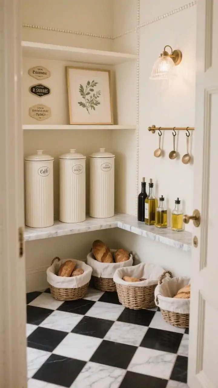 Photorealistic overhead detail shot inside a Parisian pantry closet: black-and-white matte checkerboard tile floor in crisp focus; cream walls and shelves painted mushroom beige with delicate bead detail; tall fluted canisters decant dry goods; linen-lined baskets for bread and snacks; a narrow marble ledge neatly arranged with oils and vinegars; brass rail with tiny S-hooks holding scoops; a petite milk-glass flush mount casts a warm glow; French café labels and a small framed botanical print complete the refined, elegant scene; palette: cream, mushroom, black-and-white tile.