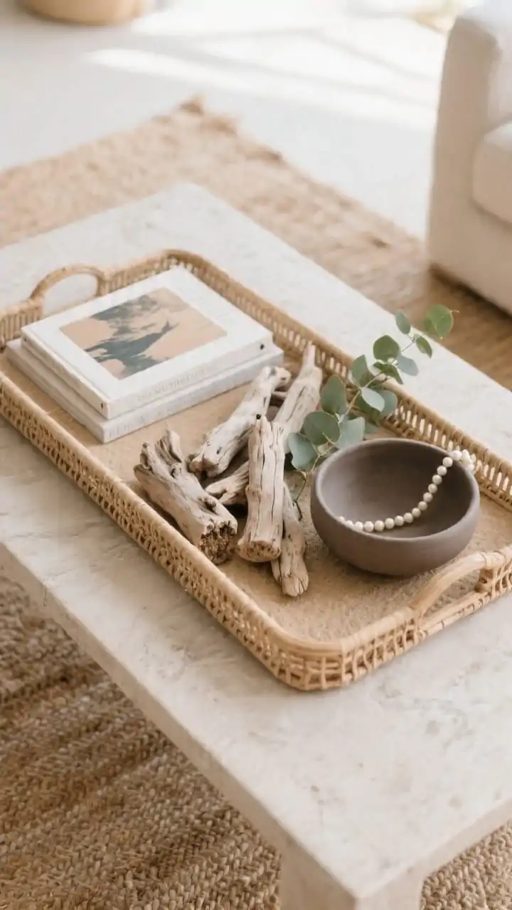 Photorealistic overhead detail shot of a beachy vignette on a coffee table: small driftwood pieces layered with a couple of art books, a matte ceramic bowl, and soft greenery (string of pearls and a sprig of eucalyptus); all corralled on a low-profile rattan tray; warm sand and taupe tones with chalky textures; negative space maintained with a 3–5 item limit; diffuse daylight for a relaxed, boho-coastal mood; jute rug texture faintly visible below.