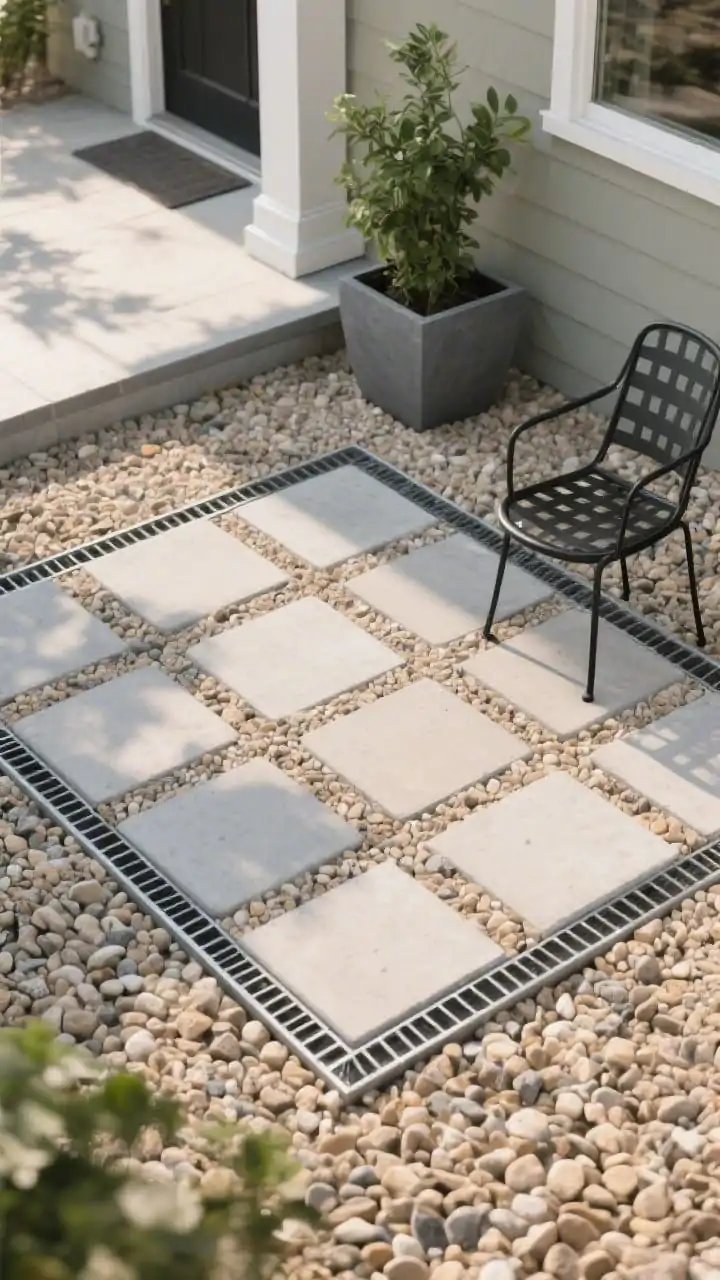 Photorealistic overhead detail shot of a budget “mini courtyard” near a porch: a defined 6' x 6' square edged with slim metal edging, visible layers of compacted crushed stone under a clean surface of tan pea gravel. Oversized concrete pavers “floating” in consistent spacing to form a walkway across the gravel. A simple black metal bistro chair and a large matte-gray planter with a tidy green plant anchor one corner. Emphasize texture of pea gravel, paver edges, and metal edging; soft late-afternoon light with gentle shadows, no people.