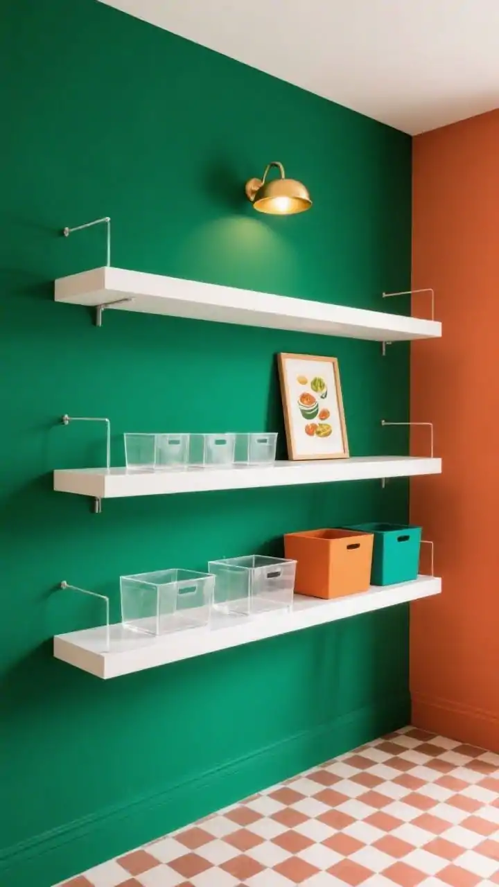 Photorealistic overhead detail shot of a color-pop gallery pantry shelf: walls painted rich emerald (alternate set could be sunset terracotta, but focus on emerald), thick white floating shelves with hidden brackets creating a gravity-defying look; color-blocked bins and stackable clear acrylic cubes arranged like tidy exhibits; a framed food illustration leaning casually; warm glow from a brass flush-mount light above; checkerboard peel-and-stick floor tiles visible at the edge for graphic energy; saturated color, crisp white, and clear acrylic elements highlighted without people.