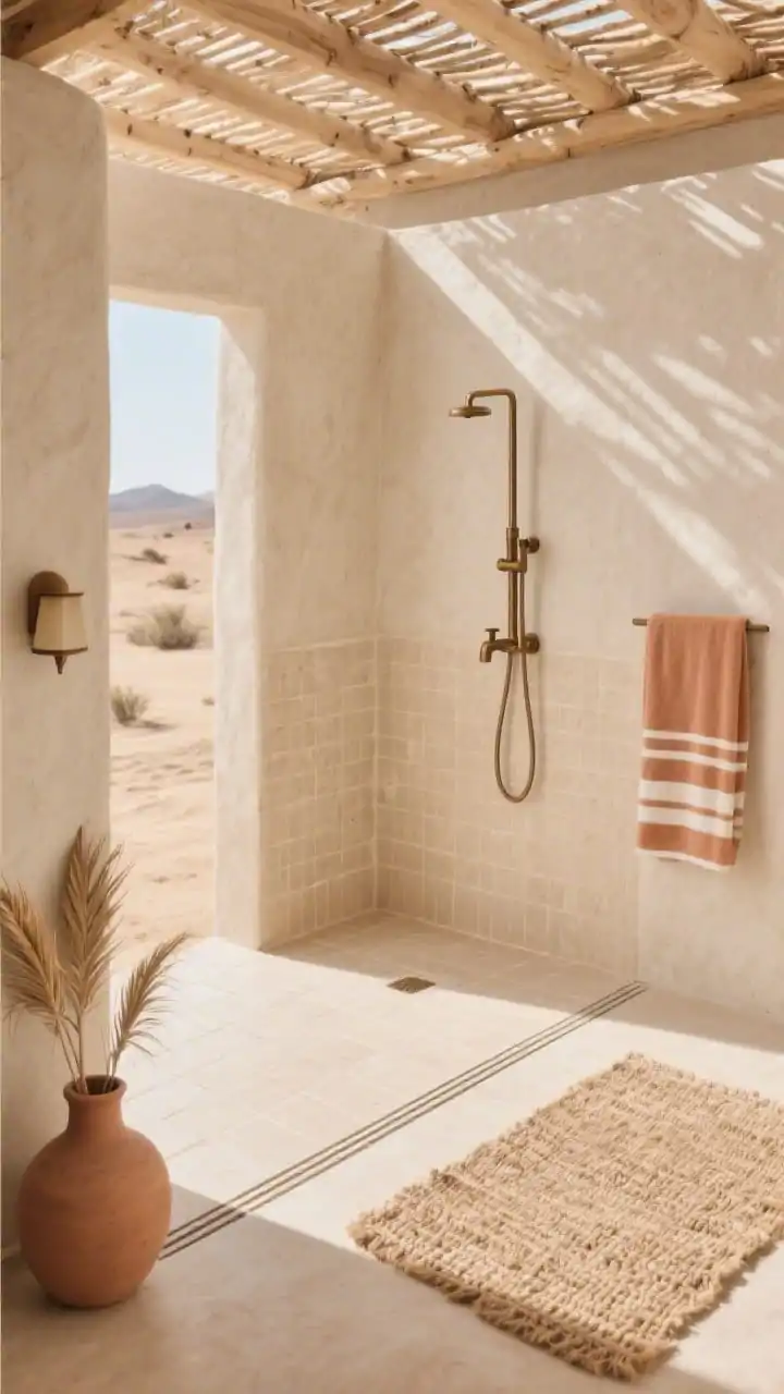 Photorealistic overhead detail shot of a desert minimal cabana shower floor and partial walls: waist-high adobe-look plaster walls casting soft shadows, a latilla-style pale wood trellis overhead creating dappled sun patterns; sand-toned porcelain pavers with a narrow slit drain between; brushed bronze wall spout and mixer set flush into plaster; outside the entry, a woven jute mat, clay sconce on the wall, dried palm fronds in a simple vase, and a folded clay-and-cream striped towel; tranquil high-desert spa mood with warm, filtered light, palette of sand, clay, bronze, and pale wood