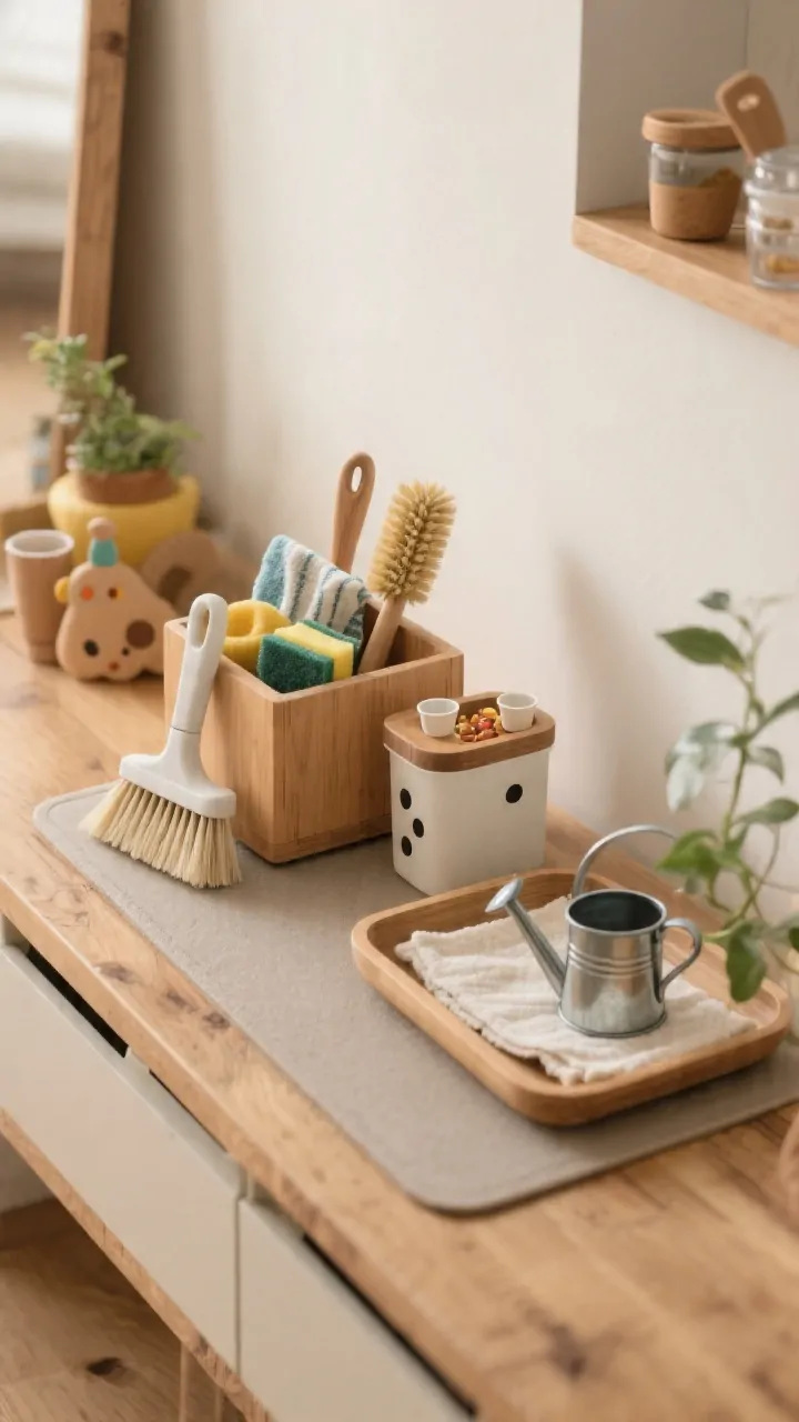 Photorealistic overhead detail shot of a practical life zone tray collection: a small wooden cleaning caddy with mini dustpan and brush, sponge, and cloth; a low snack station bin with tiny cups beside a child-friendly water dispenser; a plant care tray with a miniature metal watering can and absorbent cloth, arranged neatly on a natural wood surface with wipeable mat underneath, soft daylight highlighting textures and function