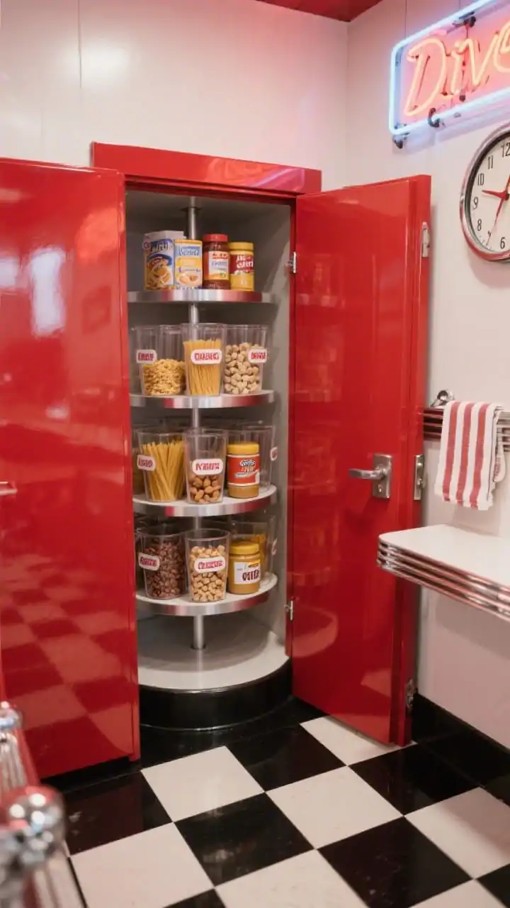 Photorealistic overhead/detail shot of a retro-diner spinning corner pantry interior: glossy enameled doors in cherry red slightly ajar, revealing a full-height lazy Susan tower spinning with cereals, pasta, and peanut butter organized in clear acrylic bins with retro labels. Checkerboard black-and-white vinyl floor pattern visible below; neon-inspired wall clock edge peeking at the periphery; a folded diner-striped towel on a shelf; chrome edge banding highlights. Bright, punchy color and reflections.