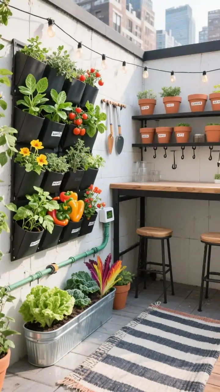 Photorealistic overhead detail shot of an urban vertical farmette work zone: modular vertical garden wall pockets packed with basil, mint, thyme, dwarf cherry tomatoes, peppers, and bright nasturtiums; a narrow potting console doubling as serving bar with black metal shelves; uniform terracotta pots labeled in white paint pen; galvanized trough planters of lettuce, kale, and rainbow chard aligned below; drip irrigation tubing with a timer visible; wall hooks holding compact garden tools; stripe outdoor rug and string market lights crossing above; crisp, organized city-terrace feel.