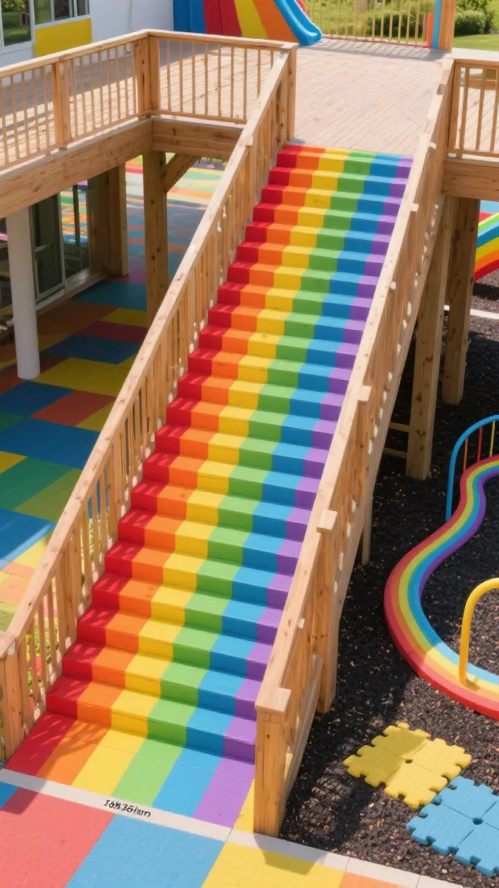 Photorealistic overhead detail shot of “The Rainbow Ramp Park”: closeup of the wide climbable ramp connecting two deck levels (18 inches and 36 inches), each slat painted a different bright hue red, orange, yellow, green, blue, violet showing the vivid rainbow sequence against natural wood rails. Visible nearby: short wave slide edge, painted hop-pad pavers in coordinating colors, and a wavy handrail. Rubber mulch or foam tiles beneath in a bright coordinating color. Bright daylight, high-energy, playful mood, no people.