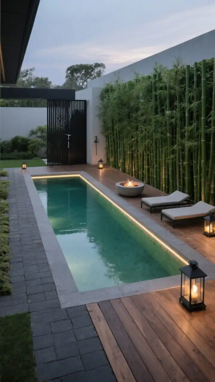 Photorealistic overhead medium shot of a modern minimalist zen deck: a long rectangular lap pool bordered by charcoal pavers and smooth Ipe decking, with a disciplined row of deep-green bamboo forming a living wall. Sparse decor includes low-slung platform loungers, a single concrete fire bowl, and black-framed lanterns. A slatted privacy screen and an outdoor rain shower align along one edge. Linear LED strip lighting glows subtly from under the deck edges at twilight. Palette: charcoal, black, warm wood, deep green. Materials: concrete, hardwood, powder-coated steel.