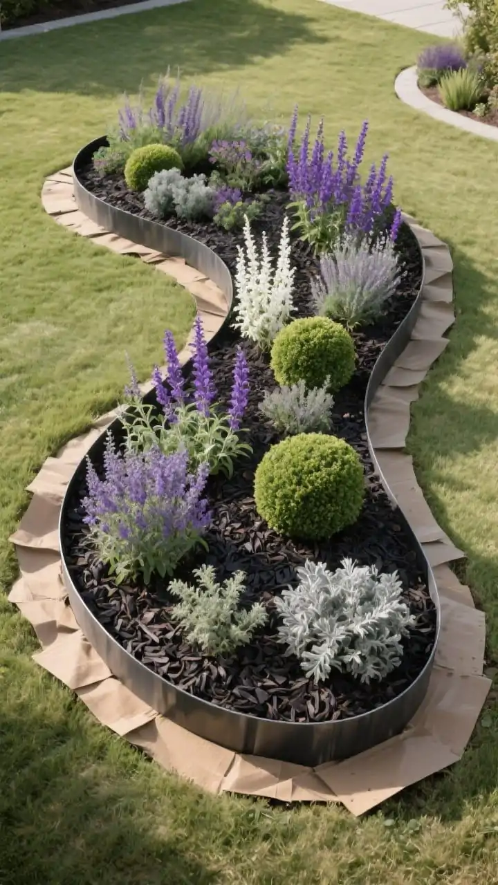 Photorealistic overhead/oblique aerial medium shot of a bold focal planting bed carved into a bland lawn: a curving organic bed cleanly edged with dark metal edging, base covered first with cardboard/fabric then topped with a rich 2–3" layer of dark mulch; limited plant palette repeated for an expensive look purple salvia, white gaura, and clipped boxwood balls; additional drought-tolerant perennials like yarrow, catmint, and Russian sage punctuating the design; midday light highlighting mulch texture and silvery foliage, no people.