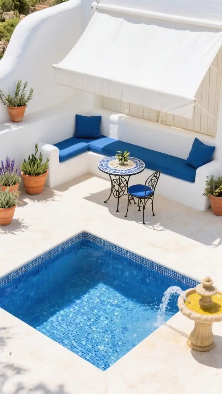 Photorealistic overhead/partial overhead medium shot of a Mediterranean Blue patio pool: square plunge pool lined in cobalt mosaic with a crisp white stucco surround; sun-washed hues of cobalt, lemon, and terracotta; a slender built-in white stucco bench with blue cushions; terracotta pots planted with rosemary, olive, and lavender; a white canvas sail shade stretched wall to wall; a small mosaic bistro table with wrought-iron chairs; a tiled fountain spout trickling water into the pool; bright midday Mediterranean sun with clean shadows.