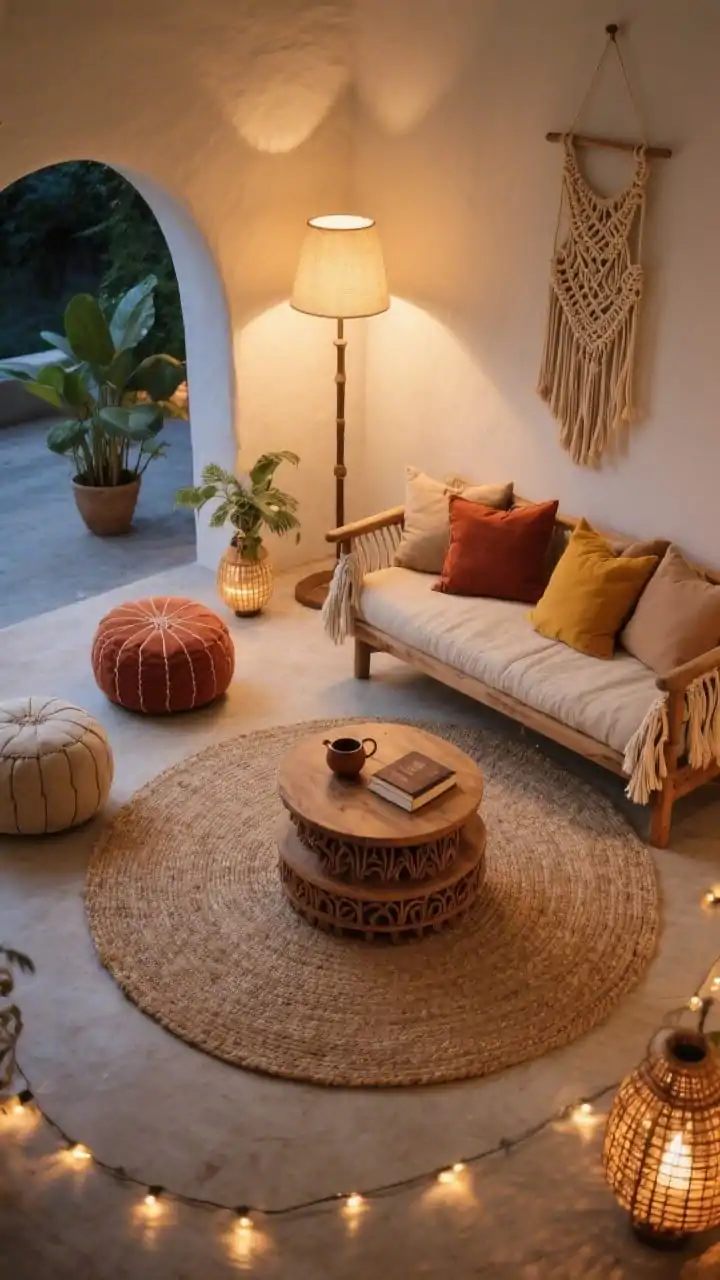 Photorealistic overhead shot focusing on layered boho textures: a neutral flatweave rug with a smaller round jute rug stacked on top, defining a lounging circle; acacia daybed edge with tassel-trim pillows in warm neutrals, rust, and mustard entering the frame; scattered floor poufs and a carved-wood drum table holding tea and a book; string lights visible at frame edge with a soft warm glow and a tall arched floor lamp casting ambient light; macrame plant hanger and woven lantern hints; cozy evening mood