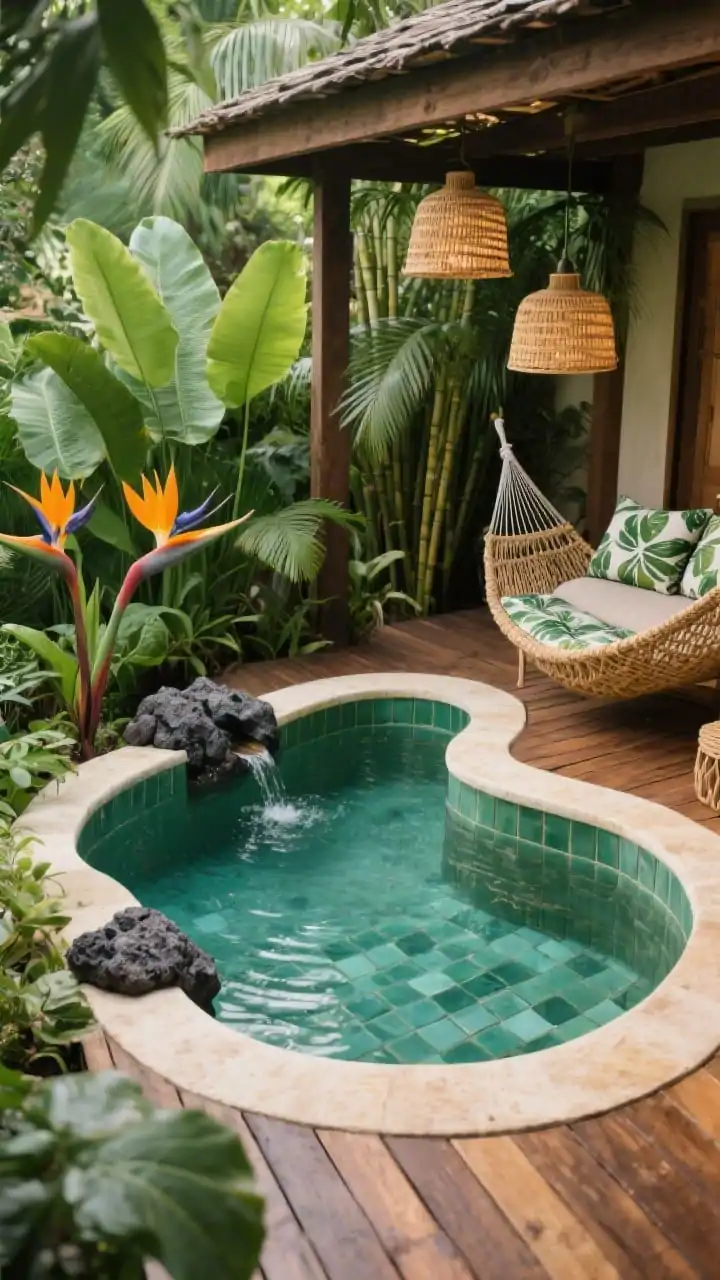 Photorealistic overhead/three-quarter medium shot of a tropical hideaway: a kidney-shaped plunge pool wrapped in sea-glass green tiles nestled among lush bird-of-paradise, split-leaf philodendron, and bamboo. Surround with slightly weathered ipe decking and rounded bullnose coping for a soft barefoot vibe. Hang rattan pendant lights from a pergola beam, add leafy-patterned outdoor pillows on the deck, and a woven hammock chair as a focal accent. Include a small lava rock spill water feature creating gentle ripples. Palette: teal, deep green, warm wood, rattan neutrals. Private bungalow mood.