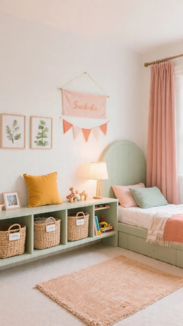 Photorealistic straight-on medium shot capturing calm color palette and visual order: walls in warm white with blush and sage accents in textiles and storage; mustard or coral used sparingly as a single pop (e.g., a small cushion or banner). Baskets with picture labels aligned on a low shelf, zones clearly defined sleep area implied to one side, play shelf centered, and reading nook signposted by a small rug. Wall art at toddler eye level: nature prints and a simple name banner. Warm, dimmable lighting from a shaded lamp and blackout curtains on a simple rod she can help open, projecting a grounded, orderly mood.