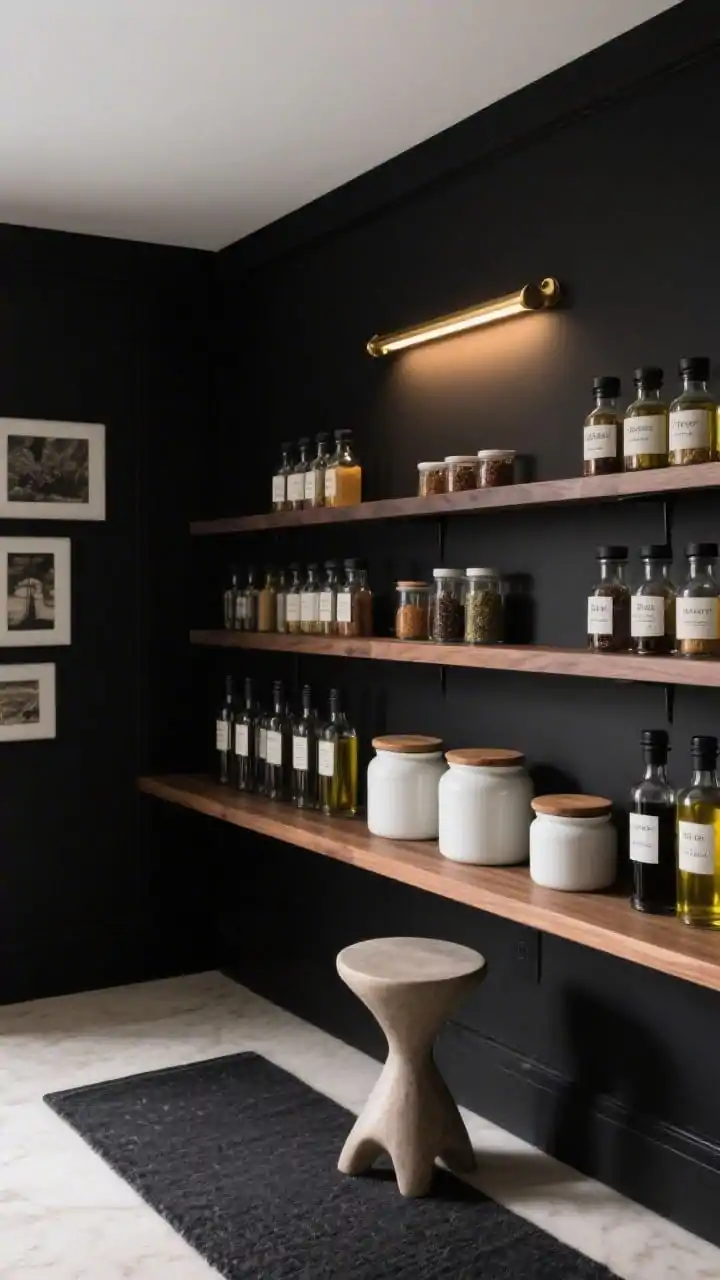 Photorealistic straight-on medium shot of a bold black pantry niche: walls and floating shelves in soft black/black-stained oak, tight and shallow shelves styling spices, oils, and condiments like a curated gallery; uniform clear bottles with black caps, white ceramic crocks, wood lids; a narrow brass picture light washing warm light across labels; charcoal runner below and a single sculptural stool tucked beneath the lowest shelf; dramatic, boutique feel.