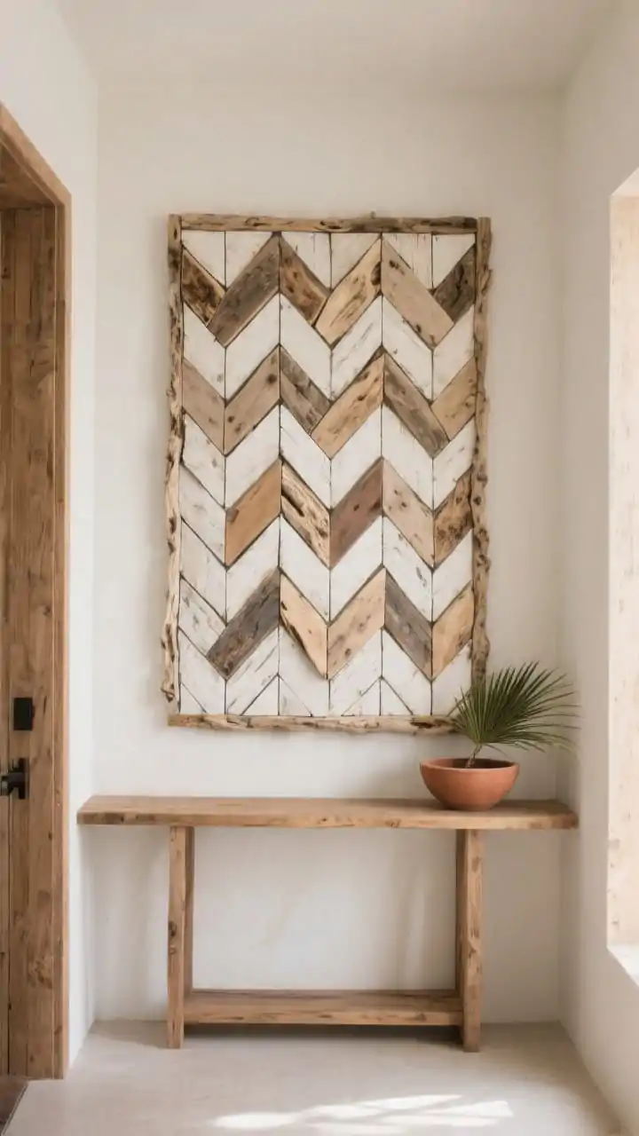 Photorealistic straight-on medium shot of a driftwood mosaic panel mounted above a narrow entry console; small driftwood tiles cut into rectangles and trapezoids arranged in a chevron or herringbone pattern; mix of natural and lightly whitewashed pieces for depth; micro-gaps between pieces for a relaxed, handmade “tight grout line” look; slim raw-oak frame; console styled minimally with a terra-cotta bowl and a palm frond; even natural light highlighting the geometric texture.