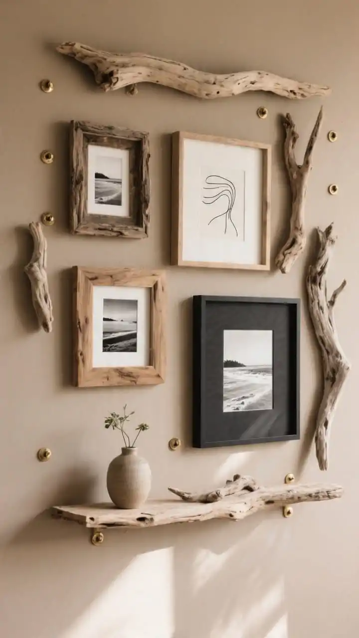 Photorealistic straight-on medium shot of a driftwood-inspired gallery wall: mix of driftwood frames, raw oak frames, and a couple of matte black frames arranged asymmetrically with 2–3 inches between pieces; theme of black-and-white beach photos and minimalist abstract line art; added dimension with a tiny driftwood shelf holding a small ceramic bud vase; warm sand and taupe wall tones, brushed brass nail heads subtle; balanced, curated feel with natural daylight.