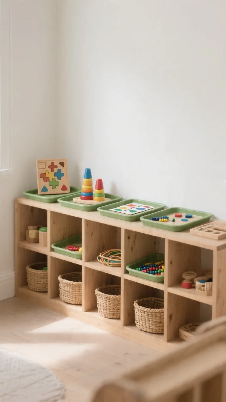 Photorealistic straight-on medium shot of a low Montessori toy shelf with 6–8 open spots: each tray holding one activity (a wooden puzzle, stacking cups, matching cards, a shape sorter, threading beads), small woven baskets for loose parts, extras not visible, calm neutral palette with warm wood, soft white walls, sage-green tray accents, uncluttered floor space, diffused afternoon light for a serene mood