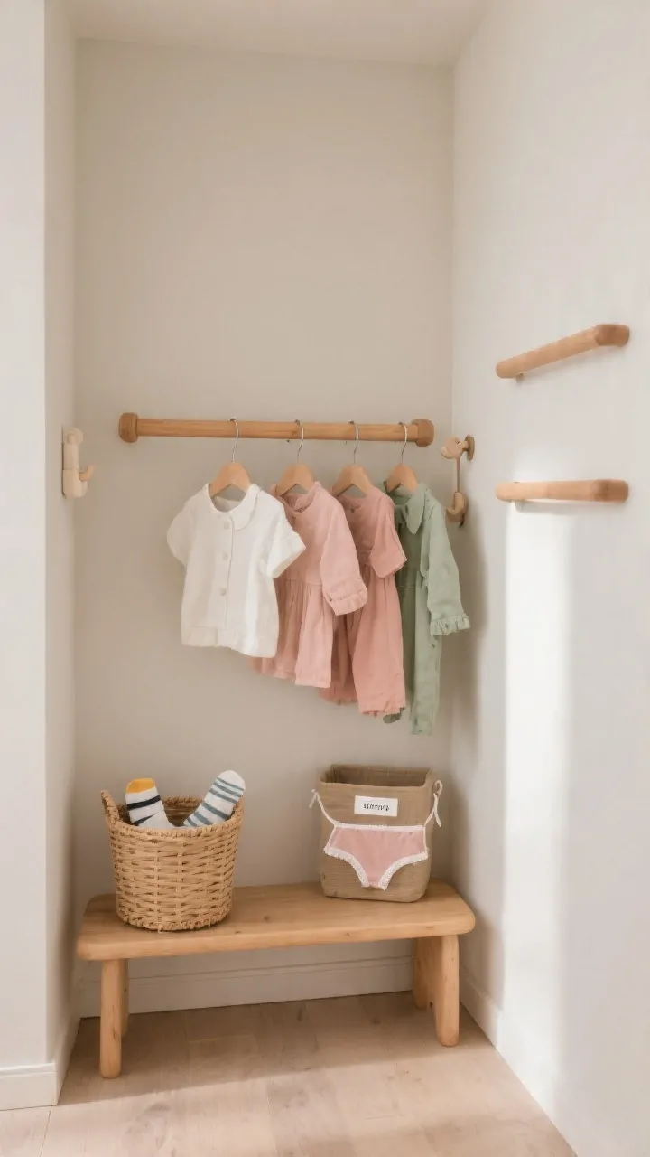 Photorealistic straight-on medium shot of a mini wardrobe zone: a child-height natural wood clothing rack with a low-hanging rail displaying 4–6 curated outfits in warm white, blush, and sage tones, a small open basket for socks and another for underwear with picture labels, and a simple wall hook nearby. Include a second low closet rod visible to the side for continuity. Clean, uncluttered floor, neutral walls, soft indirect daylight. Emphasis on order, independence, and accessible scale.