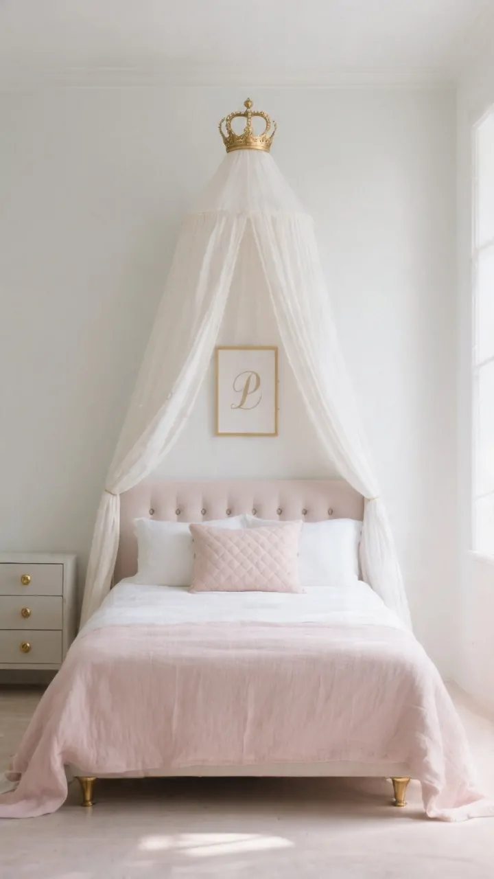 Photorealistic straight-on medium shot of a minimalist princess canopy setup: a single-crown canopy (small brass or gold-toned ring) centered above the headboard, linen-blend canopy draping symmetrically; monochrome palette with soft white and dusty pink, subtle textures; tufted lumbar pillow and quilted coverlet on a simple bed; brass hardware details visible dresser with swapped brass knobs echoing the canopy crown; a simple framed initial above the bed; clean lines, uncluttered floor, soft natural daylight from the side for a chic, gentle sparkle.
