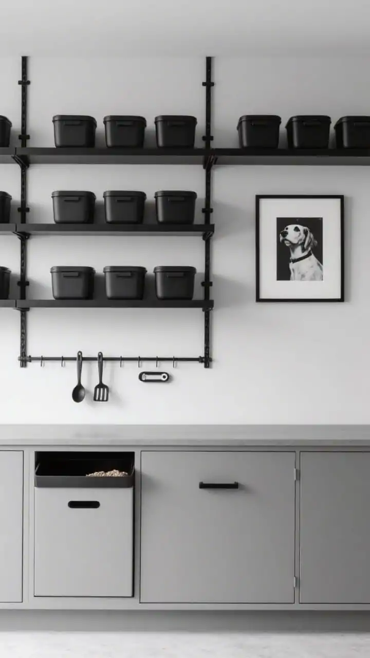 Photorealistic straight-on medium shot of a minimalist monochrome pantry wall: soft dove gray backdrop with a black grid peg-and-rail system. Black steel shelves display perfectly aligned airtight rectangular containers with uniform black lids; exact sizes repeating for visual calm. Below, a bench-height cabinet with a flat black handle conceals a tip-out food bin; a slim magnetic strip holds measuring scoops and a pill cutter; a framed black-and-white pet portrait completes the composition. Crisp, even lighting; palette of black, gray, and white.