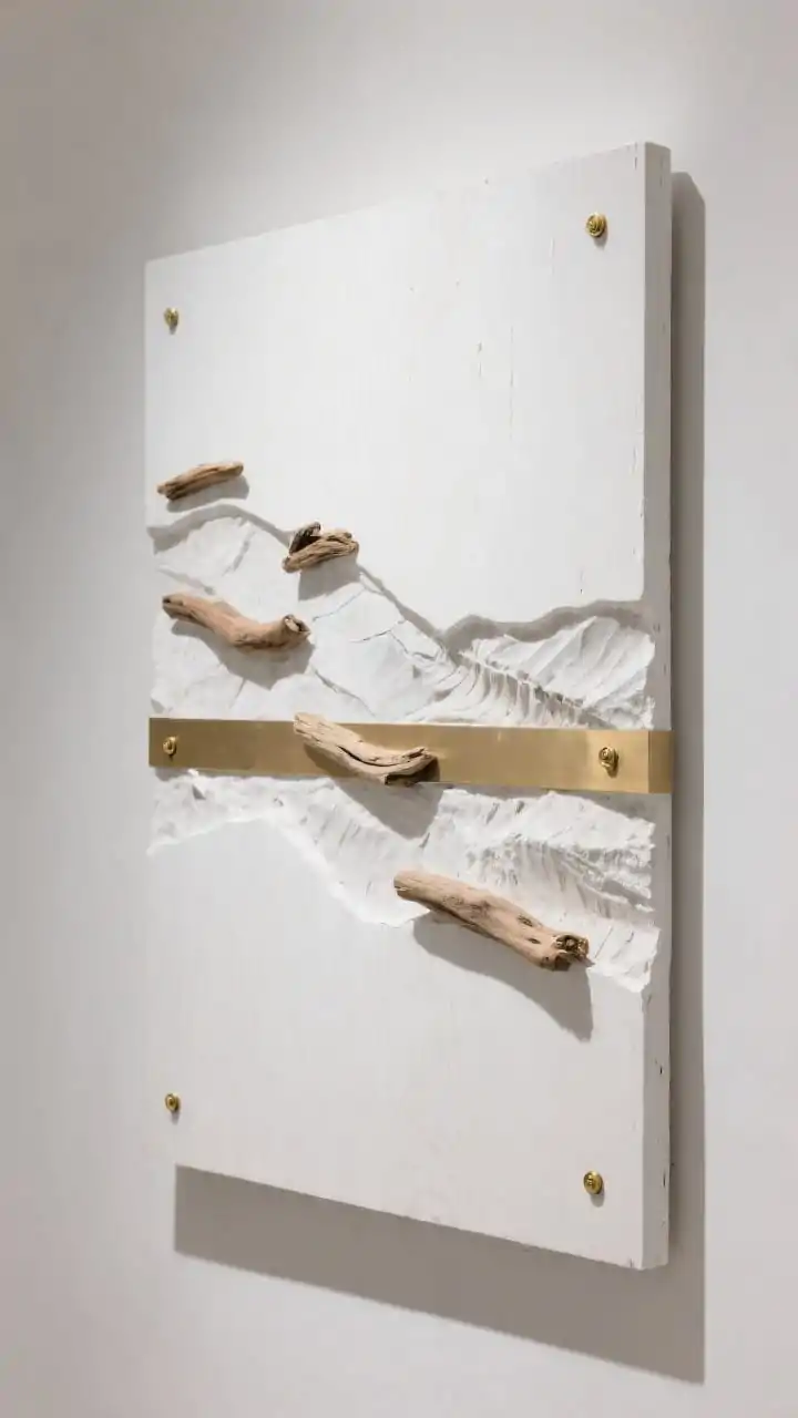 Photorealistic straight-on medium shot of a modern mixed-media panel: a matte white plywood board as base, with small driftwood segments attached in a subtle wave pattern using construction adhesive; edges skim-coated with fine plaster for a fossil-like relief; restrained palette of wood, white, and a single brushed gold accent stripe plus a few gold screws; crisp studio lighting emphasizing contrast and texture.