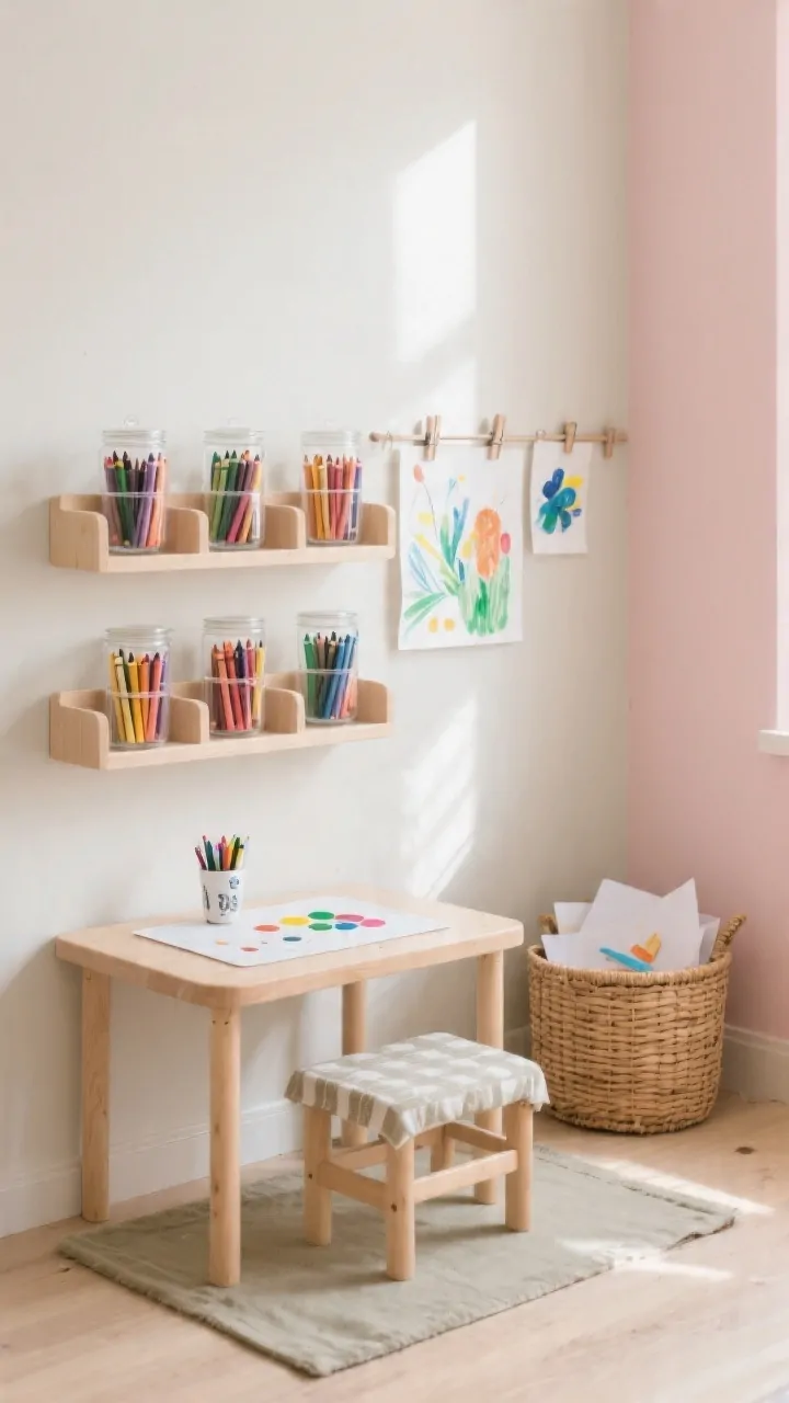 Photorealistic straight-on medium shot of a Montessori art corner: a child-height shelf with clear jars of crayons and washable markers on individual trays, only one medium set out (crayons) while watercolors are stored, a clip rail at child height displaying finished art, a small table with a wipeable oilcloth mat underfoot, rattan basket for paper, neutral backdrop with subtle blush accent, bright indirect daylight for true color rendering