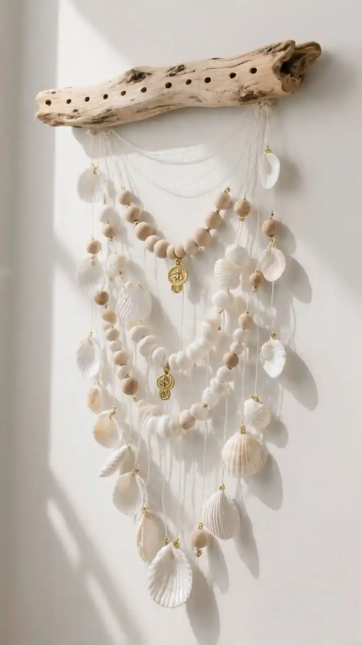 Photorealistic straight-on medium shot of a statement driftwood wall hanging: a sun-bleached driftwood top bar with evenly spaced tiny drilled holes along the bottom edge; cascading strands of white shells, pale wood beads, and small brass charms strung on nearly invisible fishing line; lengths vary into a V-shaped waterfall; limited palette of white, pale wood, and brass reads luxe; clean matte wall backdrop with soft directional lighting adding sparkle.