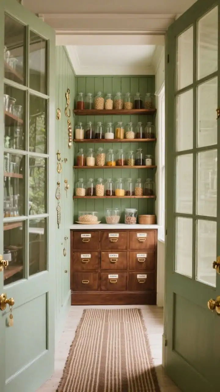 Photorealistic straight-on medium shot of a vintage apothecary-style pantry: a slim run of glass-front cabinet doors with mullions showcasing neat rows of decanted spices and grains in tinted glass; inside, warm walnut shelves and tiny apothecary drawers labeled for tea and baking items; sage green beadboard backdrop peeking through the glass, gleaming brass latches like jewelry; an earthy striped ribbed runner on the floor for grounding; cottage/traditional charm, soft natural light.