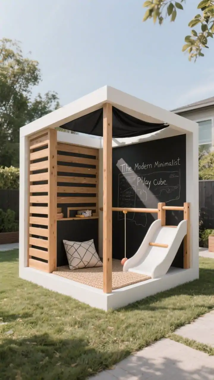 Photorealistic straight-on medium shot of “The Modern Minimalist Play Cube”: a square 6x6’ frame with thick posts, horizontal slat walls on two sides, one side fully open. A toddler-friendly ramp with horizontal grips; a low-profile slide; a balance beam made from a 2x6; a matte black or clay shade sail overhead creating sharp, graphic shadows. Neutral decor: one geometric outdoor cushion and a soft mat in a neutral weave; a chalkboard wall. Color palette: black, warm tan, natural wood, matte white. Clean lines, open sightlines, contemporary yard background, no people.