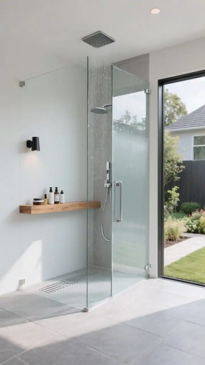 Photorealistic straight-on wide shot of a modern outdoor glass slot shower: one frosted glass panel facing the boundary for privacy and one clear panel opening to a landscaped yard; large-format light gray porcelain pavers continuing seamlessly from patio into the shower; minimalist square rainhead overhead and a linear stainless drain at the back; floating cedar shelf with neatly arranged toiletries and a single black wall sconce; gallery-like airy mood with cool natural daylight, palette of light gray, clear/frosted glass, cedar, and stainless