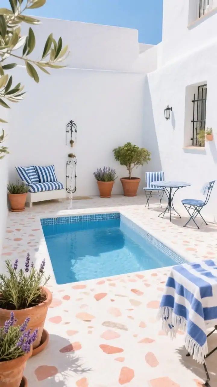 Photorealistic straight-on wide shot of a sunlit Mediterranean micro-oasis: a compact square plunge pool lined with sky-blue porcelain inside a whitewashed courtyard. Terrazzo coping dotted with peach and coral chips catches the light. Style with terracotta pots, rosemary and lavender in clay planters, and a blue-and-white striped bistro set. Add a slim wrought-iron wall fountain trickling into a narrow rill that feeds the pool. Palette: white, sky blue, terracotta, olive leaf. Include striped cushions and fringed Turkish towels casually draped. Bright, summery ambiance.