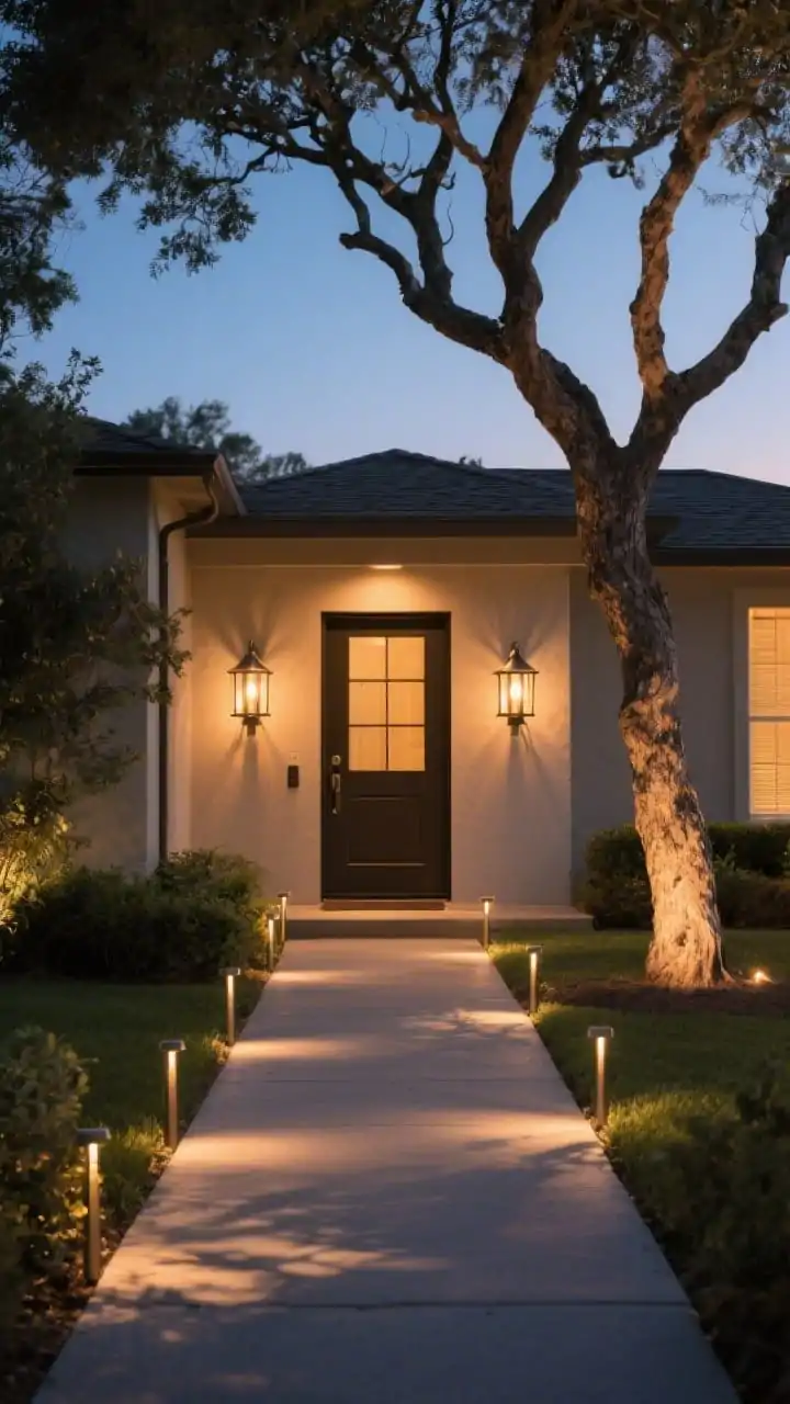 Photorealistic twilight wide shot of a front path and entry, showcasing boutique-hotel-style lighting: warm 2700–3000K glow in matching metal sconces by the front door, a row of subtle path lights spaced every 6–8 feet (not runway-like), and discreet uplights aimed at a statement tree to create depth and drama. Consistent fixture finishes, warm color temperature throughout. The scene captures the welcoming front door glow, softly illuminated walkway, and sculptural tree shadows. No people, clear dusk sky, gentle reflections on foliage.