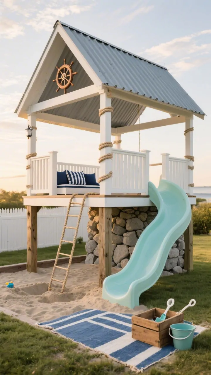 Photorealistic wide backyard shot at golden hour of “The Coastal Climber Cove”: a 6x6’ raised deck about 4 feet high on pressure-treated posts, wrapped in horizontal slat rails painted soft white with a driftwood gray top cap; features a gentle wave slide, one rope ladder, and a short rock wall. A simple A-frame roof topped with galvanized corrugated panels. Nautical rope trim on posts, a mounted mini captain’s wheel at the lookout, striped navy outdoor cushions on the deck bench. Under-deck shaded dig zone filled with fine play sand; at the base, a blue-and-white outdoor rug and a wooden crate with scoops and buckets. Seafoam, white, driftwood gray, and navy accents throughout. Breezy coastal mood, crisp and airy, no people.