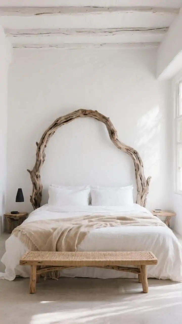 Photorealistic wide bedroom shot featuring a sculptural driftwood headboard as the focal point: an organic arch of curved driftwood forming a soft, imperfect halo behind the bed; white walls and light flooding in for airy Tulum loft vibes; bed dressed in light linen and stonewashed throws in bone white and warm sand; a woven bench at the foot; matte, water-based polyurethane finish on the driftwood retaining a raw look; minimal decor and muted charcoal accents for grounding.