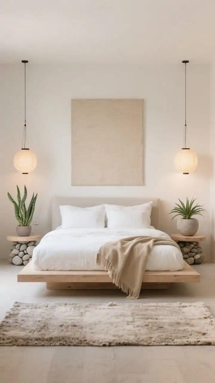 Photorealistic wide bedroom shot, straight-on: a low platform bed in pale oak with crisp white linen and one sand-colored throw. Traditional nightstands replaced by rounded pebble planters in matte stone flanking the bed, each holding either a compact snake plant or chunky gasteria. Above the headboard hangs a single large beige-toned canvas, unframed. A nubby wool rug grounds the space. Paper lantern pendants on dimmers cast warm, gentle light; palette of bone, sand, mushroom, whisper green.