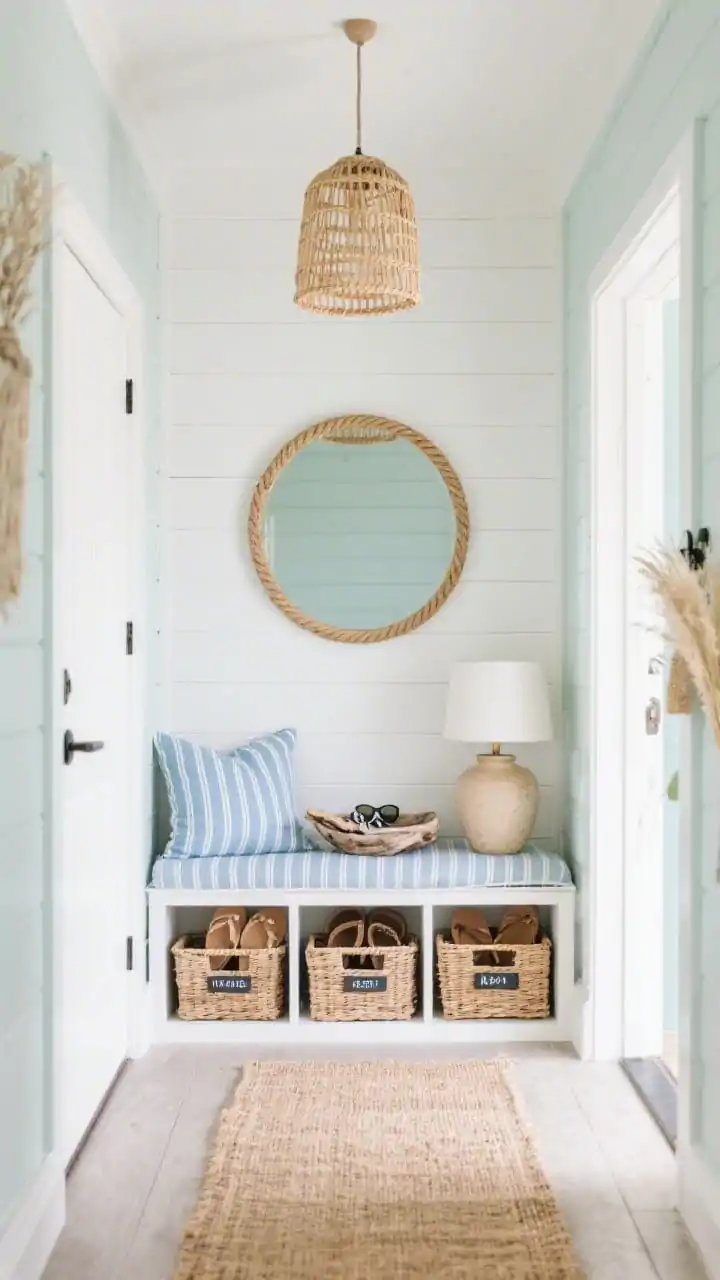 Photorealistic wide, breezy Coastal-Cool entryway: walls in soft seafoam (or chalky white), a white shiplap accent adding texture, a woven bench with blue-striped cushions, a round rope mirror above, rattan pendant casting airy, natural light; floor covered by a natural sisal or flat jute runner; open storage cubbies with labeled baskets for sandals; a driftwood bowl for keys and sunglasses; a ceramic lamp with a sandy glaze and a vase of beach grass; light, relaxed seaside vibe without feeling theme-y.