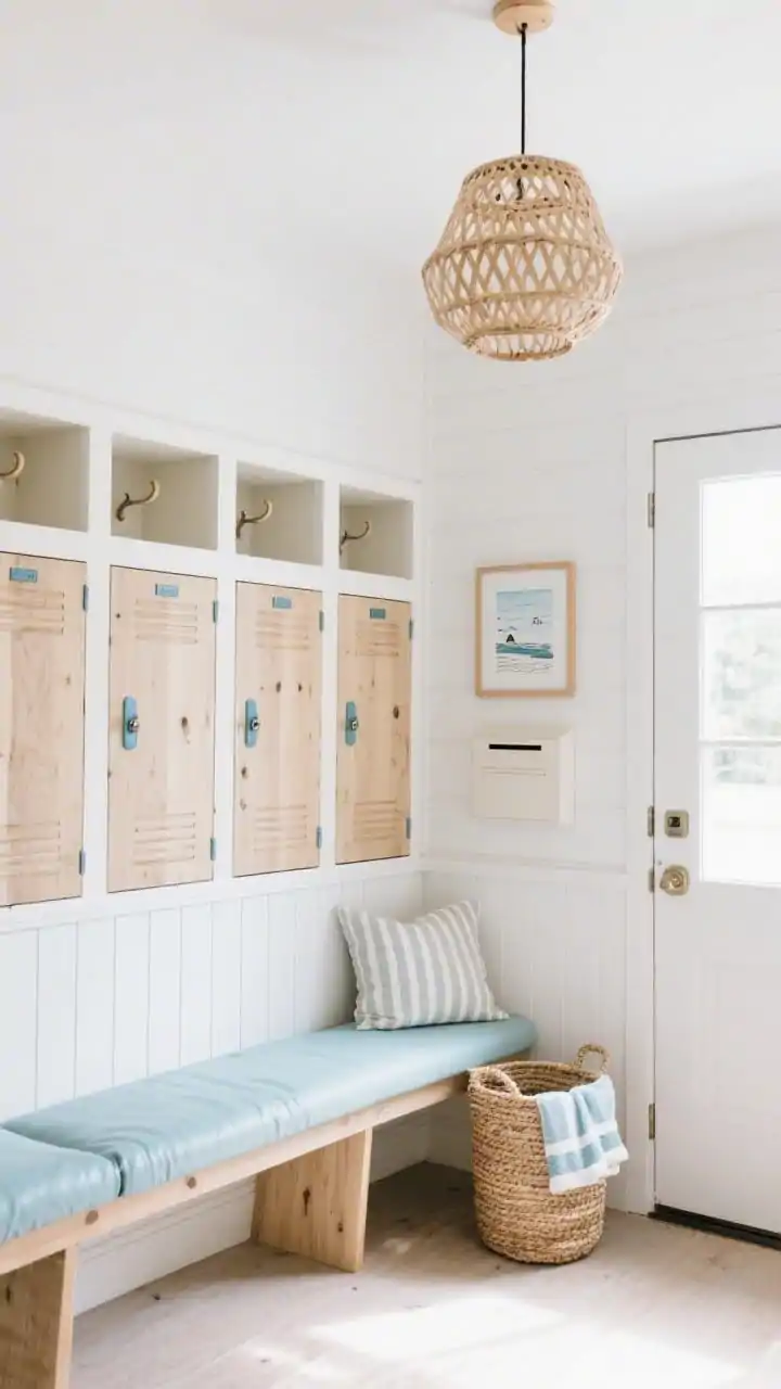 Photorealistic wide, bright corner angle of a Coastal Scandi Locker Lounge: crisp white entry with beadboard paneling up to chair-rail height and a row of pale oak lockers with finger-pull cutouts. Each locker features a top cubby, center hook rail, and deep drawer below fitted with soft blue leather pulls. A long built-in bench runs the length, topped with salt-and-sand striped cushions. Color story of whites, driftwood oaks, and sea-glass blues. A slim wall-mounted mail sorter near the door, framed coastal sketches, and a woven seagrass hamper for beach towels. Natural light pours in, enhanced by a rattan pendant casting soft patterned shadows. Airy, calm, family-friendly; no people.