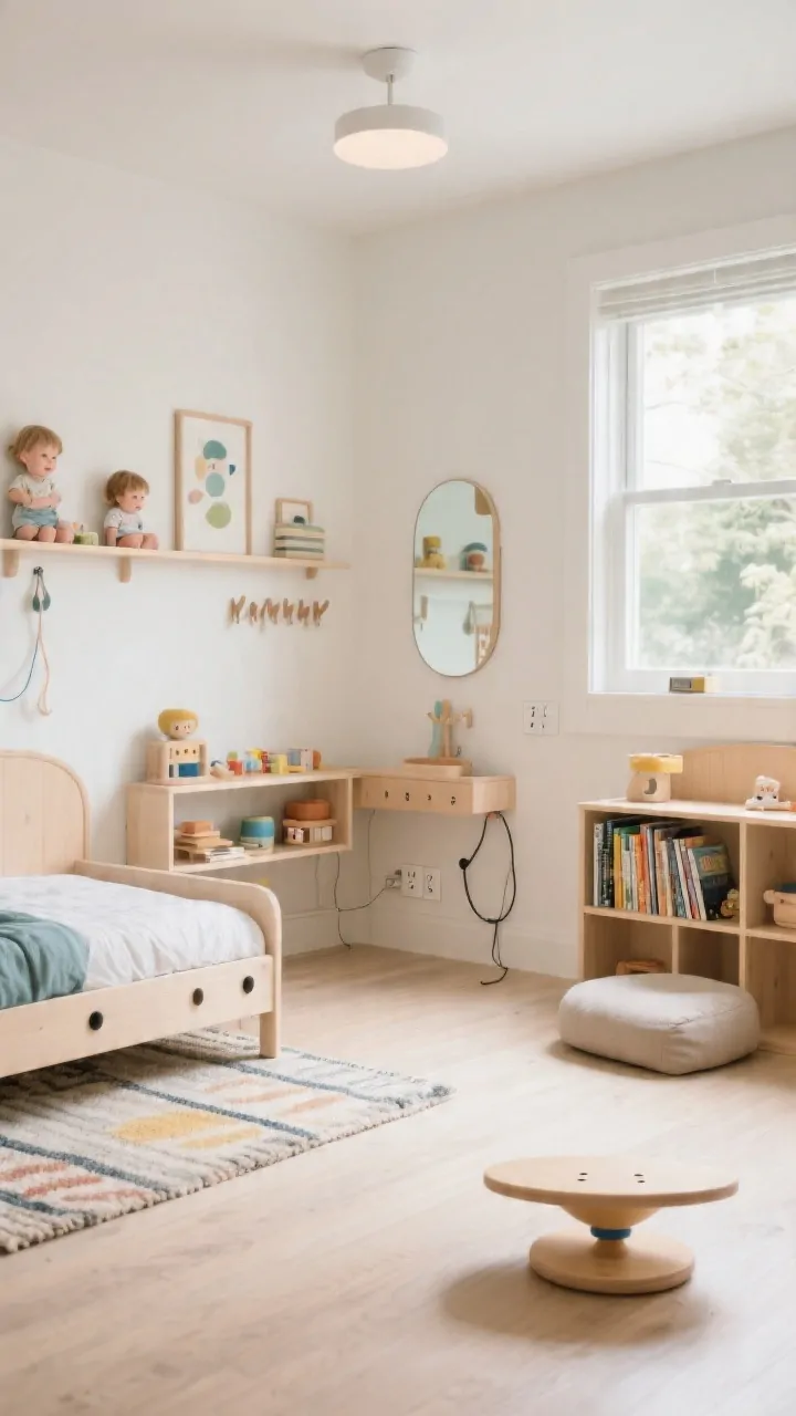 Photorealistic wide corner-angle shot of a safely designed Montessori room layout: anchored low furniture, outlet covers and neatly secured cords, fragile decor placed above child height with sturdy items below, clearly defined zones for sleep (low bed + rug), play (low shelf + open floor space), self-care (mirror + hooks), and reading (front-facing bookshelf + cushion), open floor area with a small wobble board, bright natural light for clear visibility