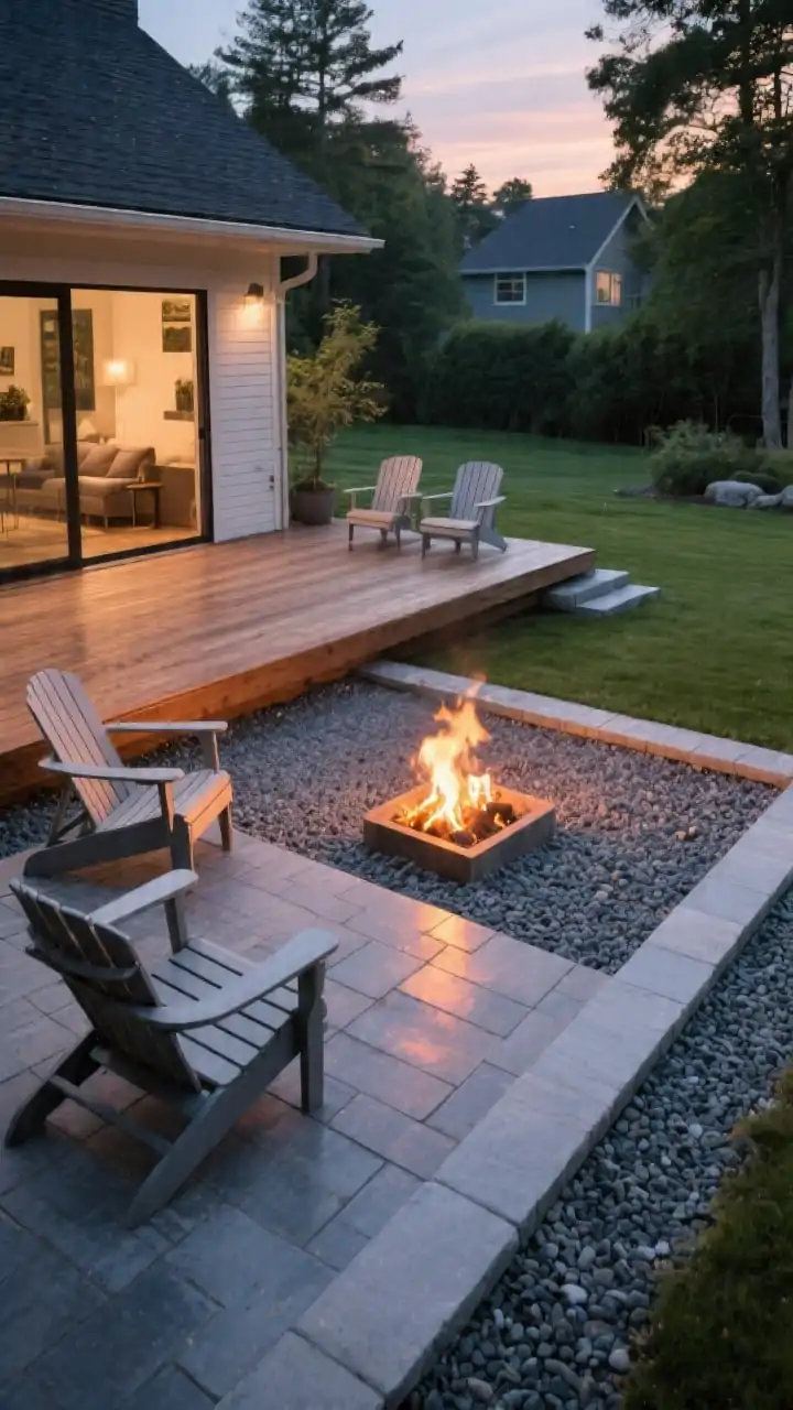 Photorealistic wide corner-angle view blending deck and yard: upper wood deck transitions down to a lower gravel or paver fire terrace as the fire zone; crisp steel or stone edging defining the terrace border; choice of large-format pavers for a modern look contrasted with surrounding gravel, or pea gravel for cottage charm; Adirondack chairs or low-profile loungers oriented to keep the fire the star; warm twilight lighting with subtle ground reflections