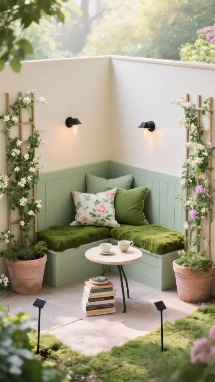 Photorealistic wide corner shot, garden nook: a built-in corner bench with mossy green cushions and floral pillows, framed by two tall planter trellises supporting climbing jasmine or clematis; a cute half-moon table in front with tea and a small stack of garden books; palette of sage, blush, cream, with matte black hardware for contrast; solar stake lights subtly placed; soft morning garden light; captured from a slightly elevated corner perspective to show the cozy, storybook enclosure, no people.