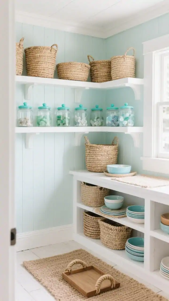 Photorealistic wide corner shot of a coastal cottage pantry nook: walls painted soft seafoam, open white shiplap shelves brightening the space. Woven seagrass baskets in varied sizes neatly corral supplies; a row of clear glass canisters with sea glass–colored lids in aqua, foam green, and pale blue lines the middle shelf. A small jute rug underfoot, a rope-handled tray on a lower shelf near bowls and placemats kept low for easy feeding. Airy daylight, textures mixing woven, glass, and painted wood; palette of seafoam, white, sand beige, sea glass blues.