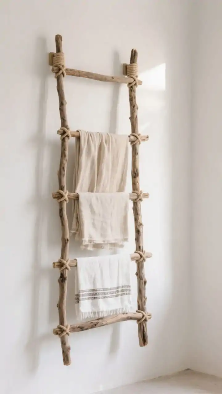 Photorealistic wide corner shot of a wall-mounted driftwood ladder for textiles: 3–5 straightish driftwood rungs lashed to verticals with strong, neat square lashings in natural cord; hung from two top points so it sits flat; styled with no more than two textiles per rung neutral linen scarf and lightweight Turkish towels in beige and ivory; gallery-clean look against a matte white wall, soft afternoon light.