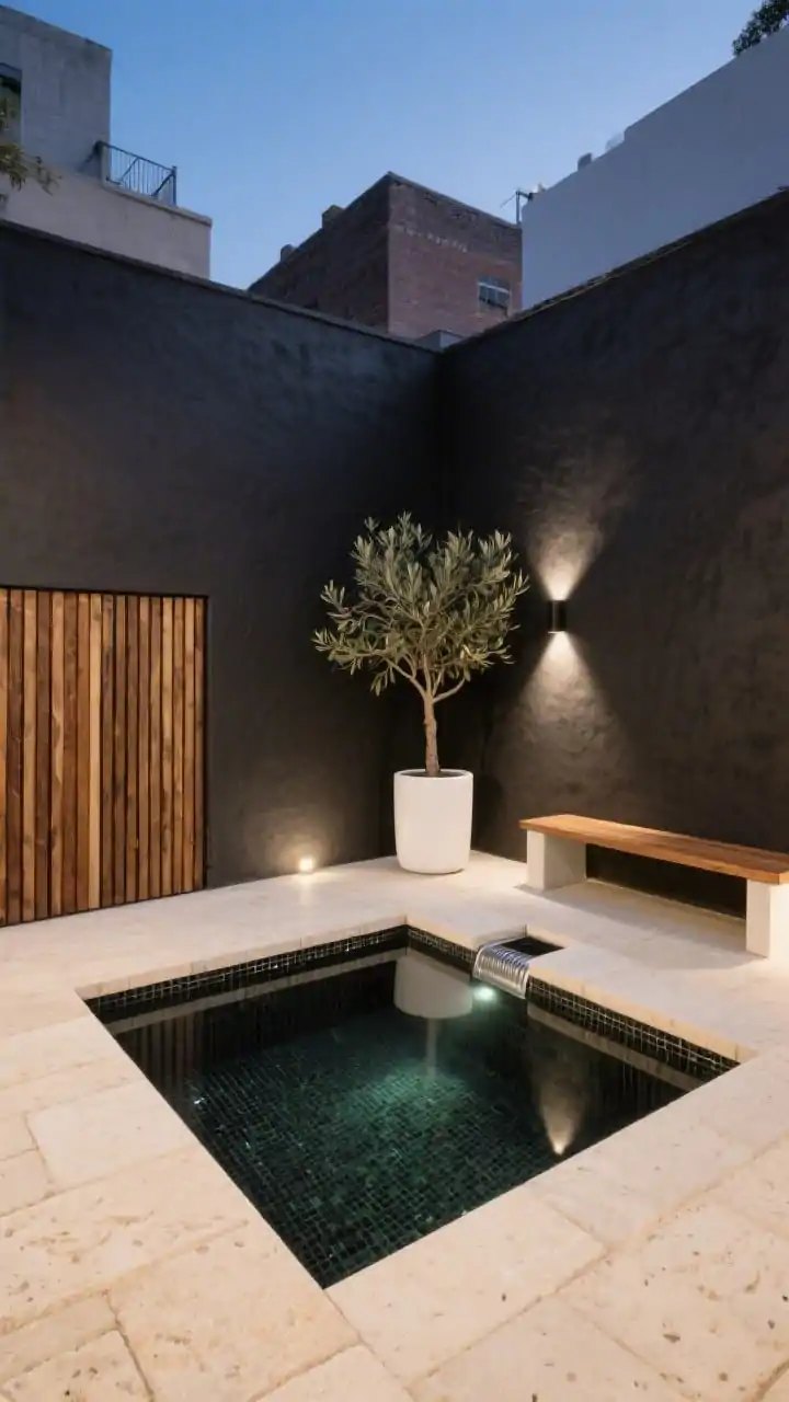 Photorealistic wide courtyard shot at dusk, showcasing a compact rectangular plunge pool lined with ink-black mosaic tiles set flush with pale limestone pavers; privacy elements include slatted cedar fencing on one side and a matte charcoal stucco wall on the other. Include a slim teak bench, a single olive tree in a white cylinder planter, minimalist stainless overflow with a hidden skimmer, and subtle up-lighting that makes the water mirror-like. Color palette: black, limestone cream, warm cedar, olive green. Urban, gallery-chic vibe, straight-on perspective.