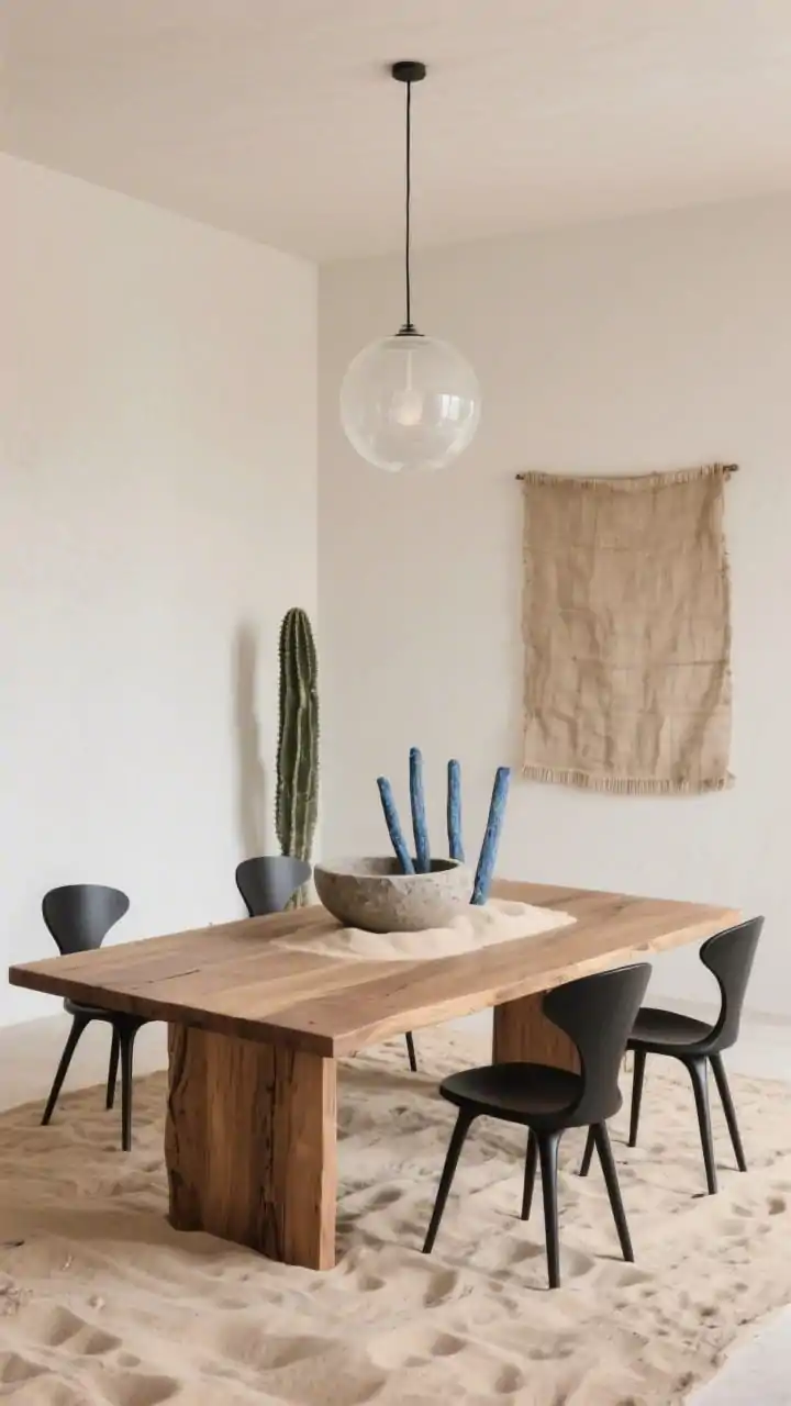 Photorealistic wide dining room shot, overhead three-quarter angle: a natural oak table centered with an oversized stone bowl filled with pale sand, a trio of blue chalk sticks, and one paddle cactus placed asymmetrically. Surrounding are slim black wishbone chairs. On the wall, a raw linen tapestry in oatmeal; above, a frosted glass sphere pendant casting soft, even glow. Palette is oak, oatmeal, pale stone, and matte black. Minimalist, desert-negative space with sand and stone textures clearly visible.