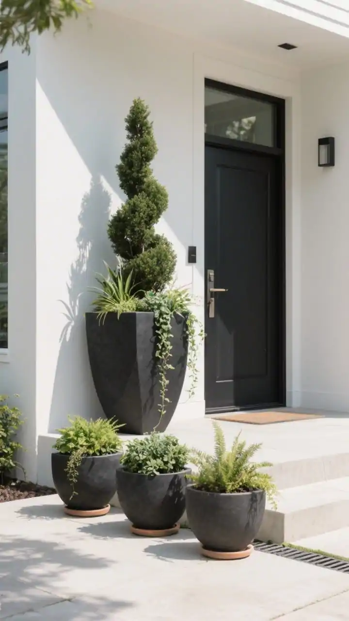 Photorealistic wide entryway scene featuring an oversized statement planter as sculptural focal point: a tall matte black fiberstone planter flanking a modern front door, paired with two additional planters in a staggered cluster of three for balance; thriller-filler-spiller planting with a tall architectural centerpiece, bushy mid plants, and trailing edges; planters slightly elevated on discreet pot feet for drainage; clean patio surface, subtle shadows in bright daylight, corner angle