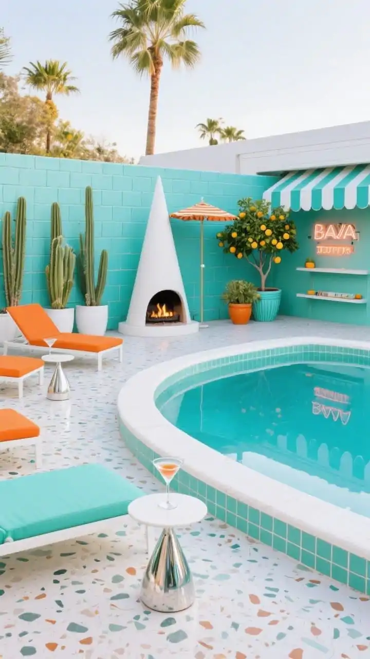 Photorealistic wide, low-angle view of a mid-century Palm Springs patio: a glossy kidney-shaped pool with optical-white coping and retro breeze block walls. Pencil cacti, yucca, and citrus trees in planters punctuate the terrazzo-like deck. Bold mint and tangerine loungers flank a sculptural cone fireplace; Martini side tables gleam. A striped cabana and a cheeky neon sign nod to vintage glamour. A tiled Baja shelf with umbrella sleeve extends into shallow water for in-pool lounging. Palette: aqua, tangerine, mint, white. Materials: breeze block, fiberglass, enamel, terrazzo.